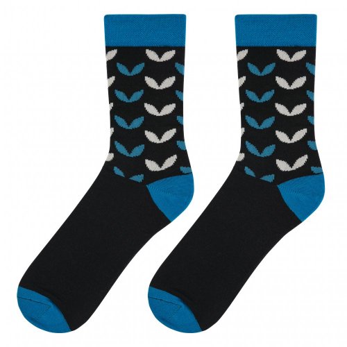Vzorované merino ponožky černé, se vzorem modrých lístečků